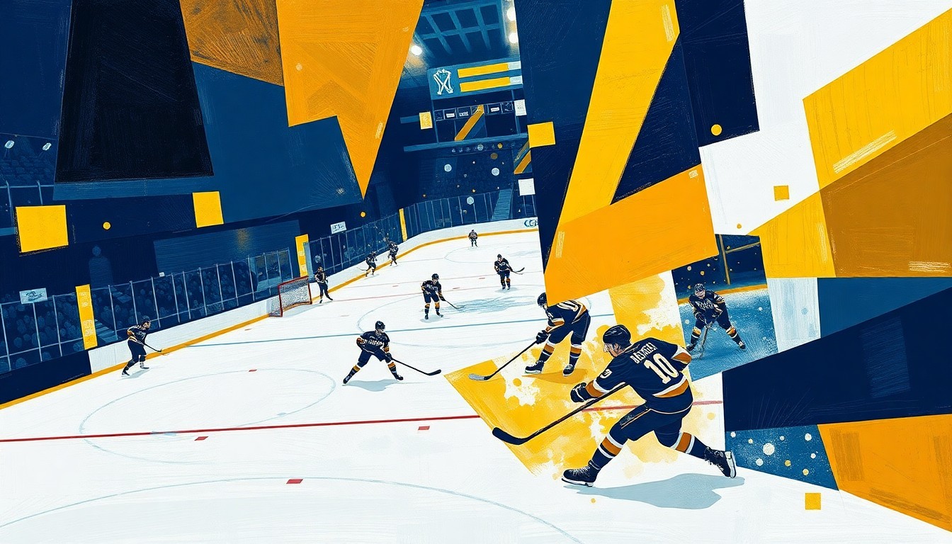 A cubist, geometric painting depicting the dynamic action of a college hockey championship game, with sharp, overlapping planes of ice, sticks, and players in motion, rendered in a vibrant color palette of navy, gold, and white.