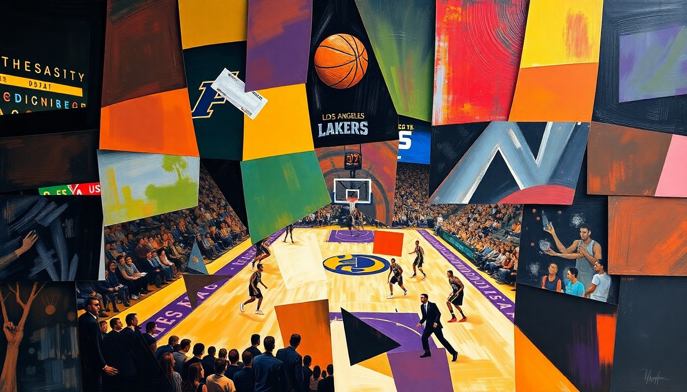 A cubist, geometric painting depicting a basketball game, with overlapping shapes and planes representing the players and court in an abstract, fragmented style.