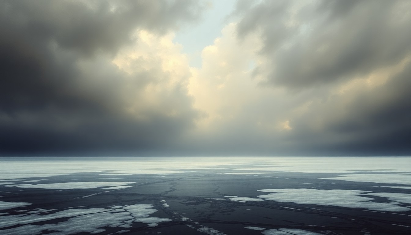 A vast, atmospheric landscape painting depicting a frozen river under a heavy, overcast sky, conveying the overwhelming scale and power of the natural environment.
