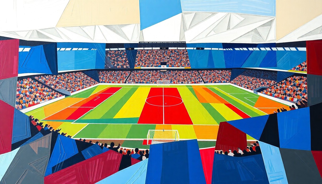 A cubist, geometric painting depicting a soccer match between two teams, with the players and field broken down into sharp, overlapping planes of color representing the teams' uniforms.