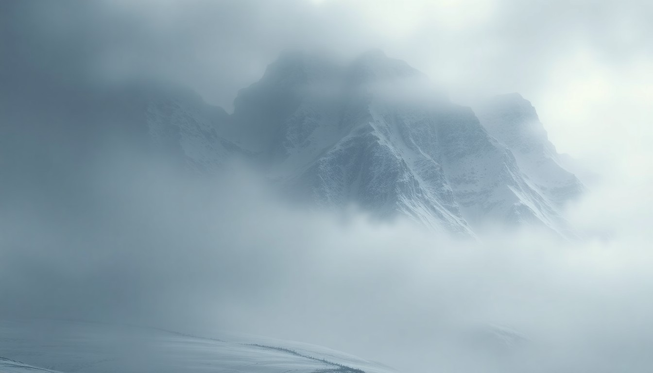 A vast, atmospheric landscape painting depicting a snow-covered mountain range shrouded in heavy fog and mist, conveying the overwhelming scale and sublime beauty of the natural world during a fierce winter storm.