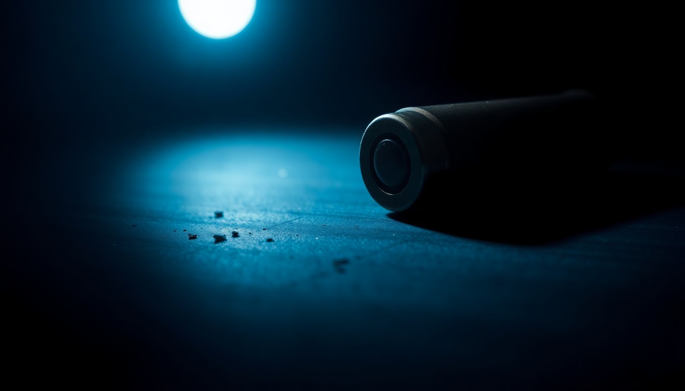 An extreme close-up photograph of a bullet casing on a dark surface, lit by a harsh, direct camera flash, creating a stark, gritty, investigative aesthetic.