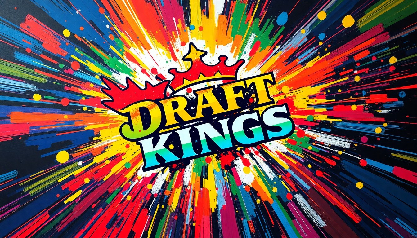 An abstract, expressionist painting in neon colors capturing the dynamic energy and thrill of sports betting, with the DraftKings brand elements blending into the vibrant brushstrokes.