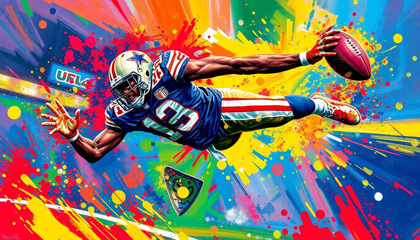 An abstract expressionist painting in vibrant neon colors, capturing the raw energy and diving touchdown catch of a football player in mid-air, with his face and jersey details dissolving into unrecognizable brushstrokes.