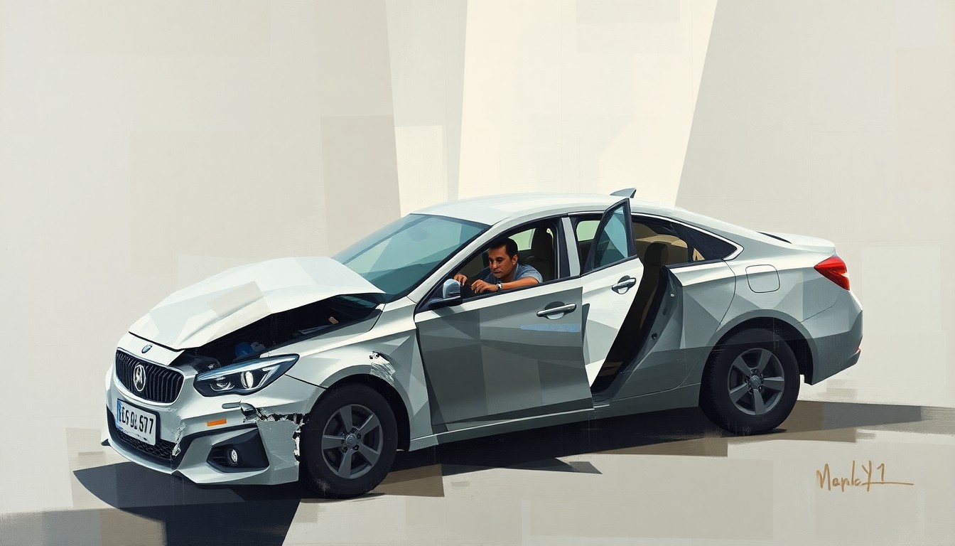 A cubist-style painting featuring fragmented, overlapping geometric shapes in muted tones, conceptually representing the complex personal issues facing golfer Tiger Woods.