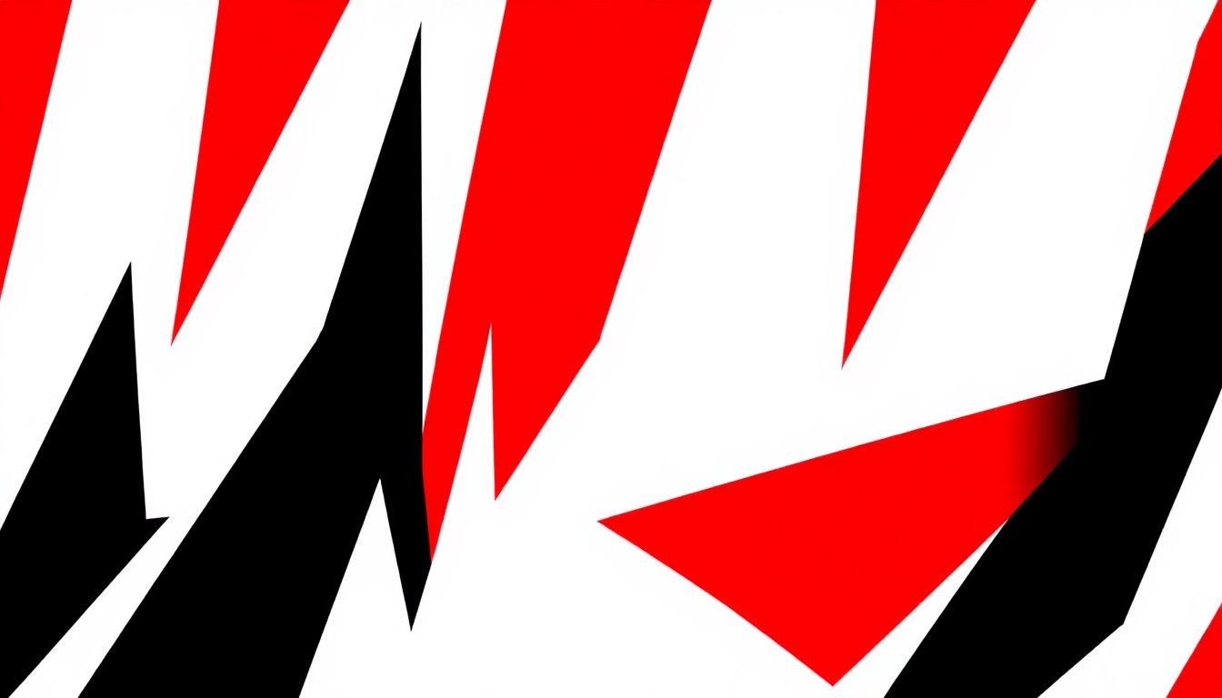 An abstract, minimalist illustration featuring sharp, angular shapes in black, white, and red, conveying a sense of drama and tension without depicting any specific people or objects.