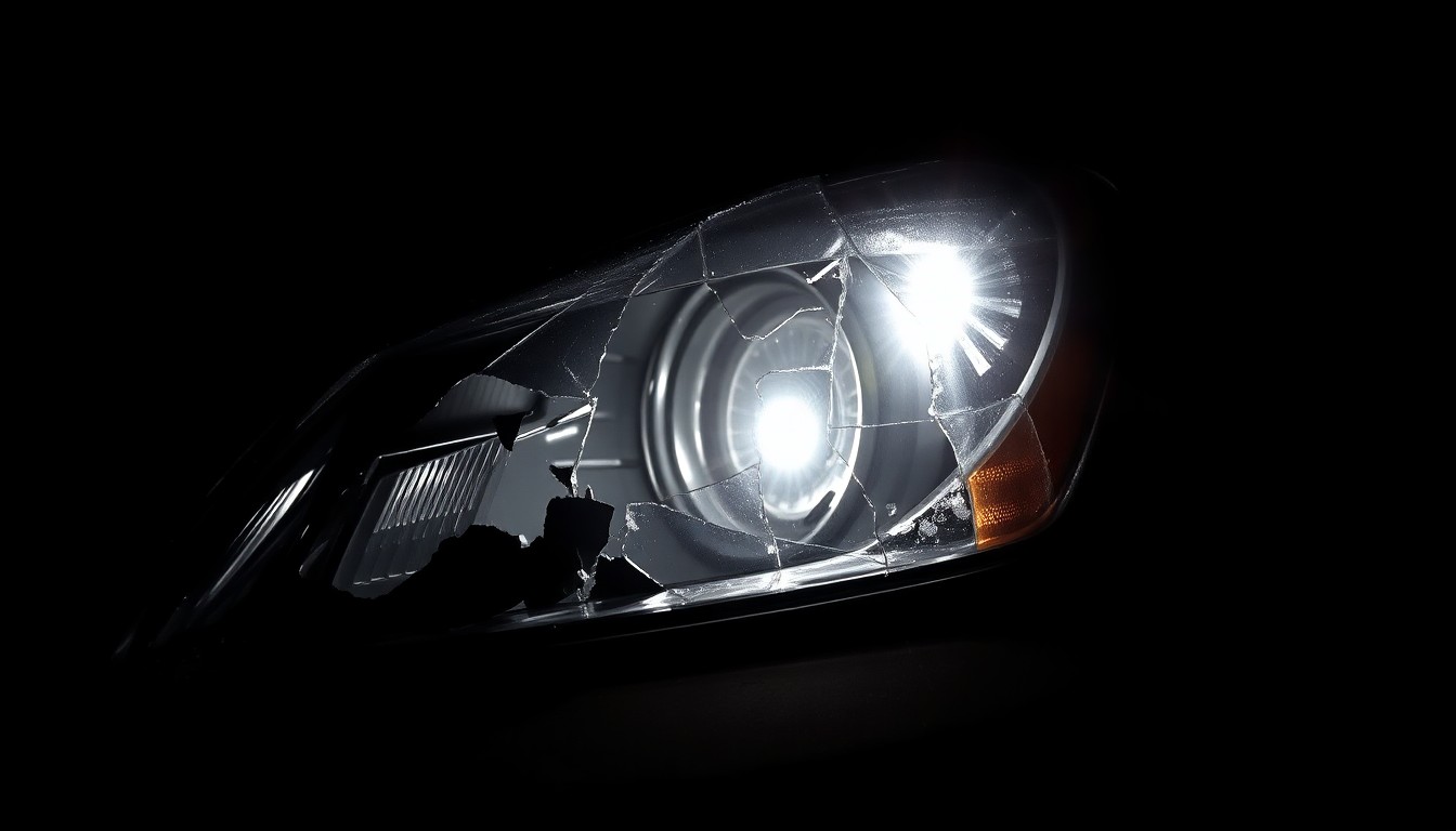 An extreme close-up photograph of a shattered car part, such as a headlight or side mirror, lit by a harsh, direct camera flash against a pitch-black background, conveying a stark, gritty, and investigative aesthetic without depicting any violence.