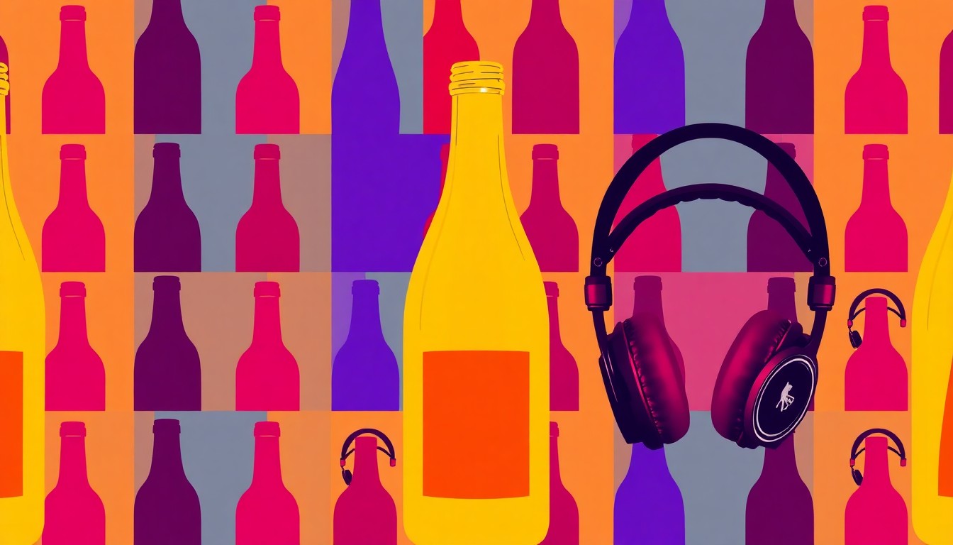 A bold, colorful silkscreen-style illustration featuring a wine bottle and a pair of headphones repeated in a grid pattern, representing the fusion of wine and hip hop culture at Vin et Hip Hop events.