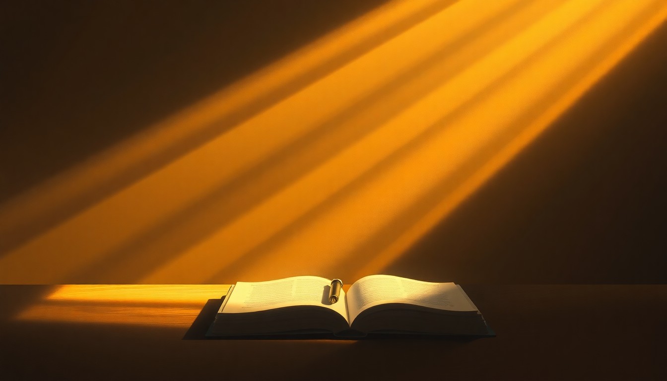 A close-up painting of an old-fashioned fountain pen resting on a weathered wooden desk, bathed in warm, golden light, conveying the contemplative and timeless nature of the written word.