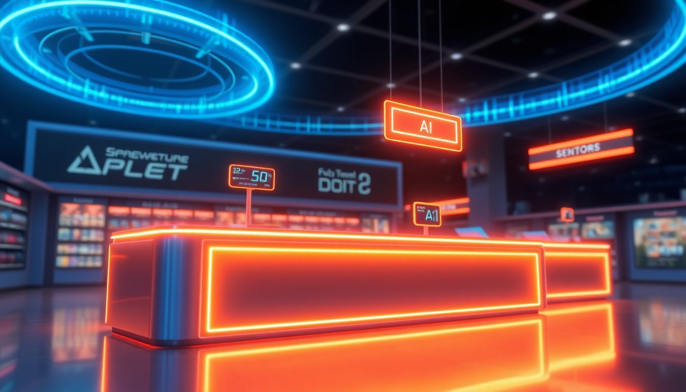A highly detailed, 3D illustration of a futuristic retail checkout counter, with glowing neon-blue sensors and displays floating above the surface, surrounded by a halo of pulsing electric energy, conceptually representing the integration of advanced technology into the retail environment.
