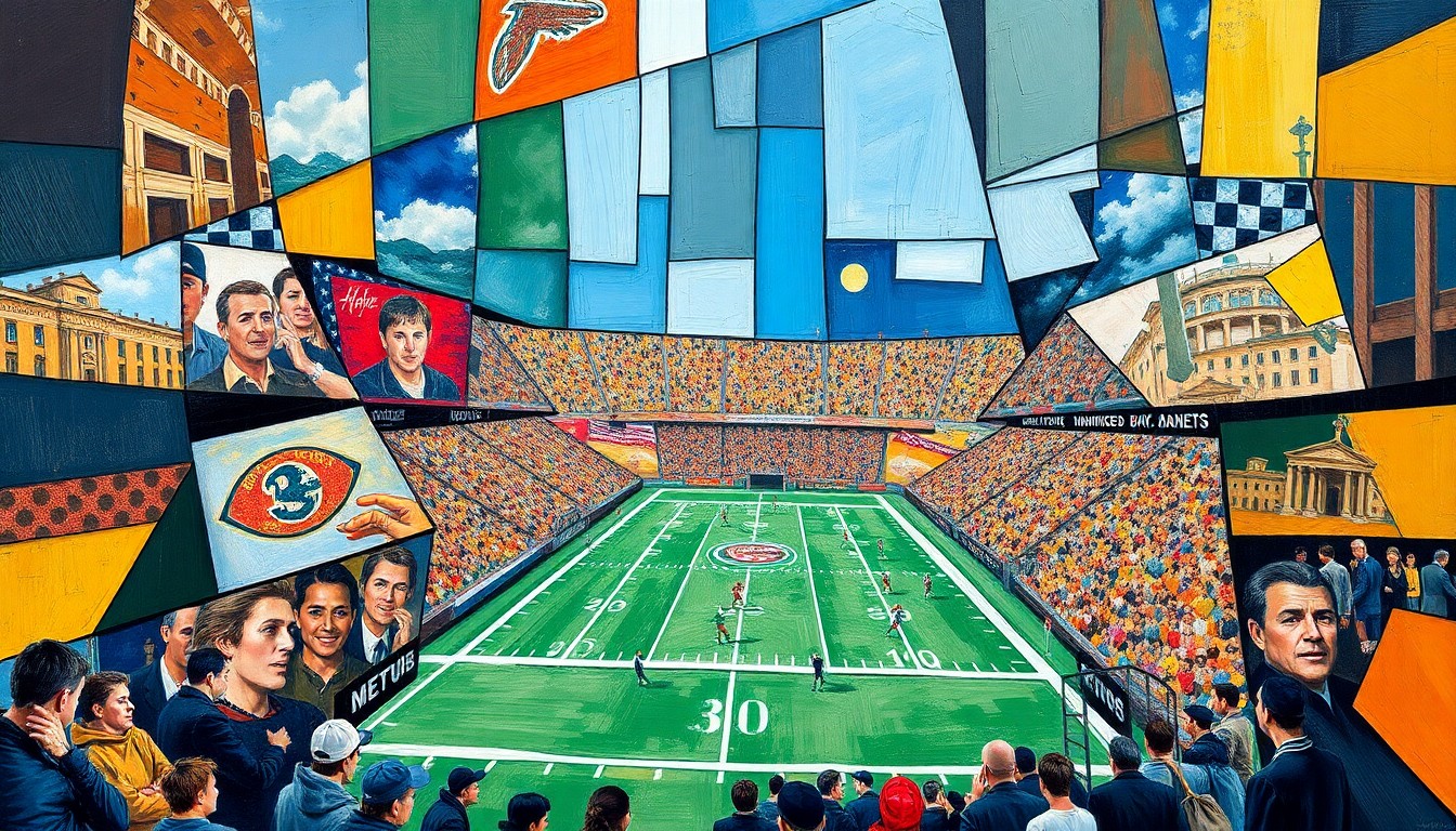 A cubist-style painting depicting a fragmented, geometric representation of a football game, with overlapping planes of color and shape conveying the chaotic potential changes facing the NFL.