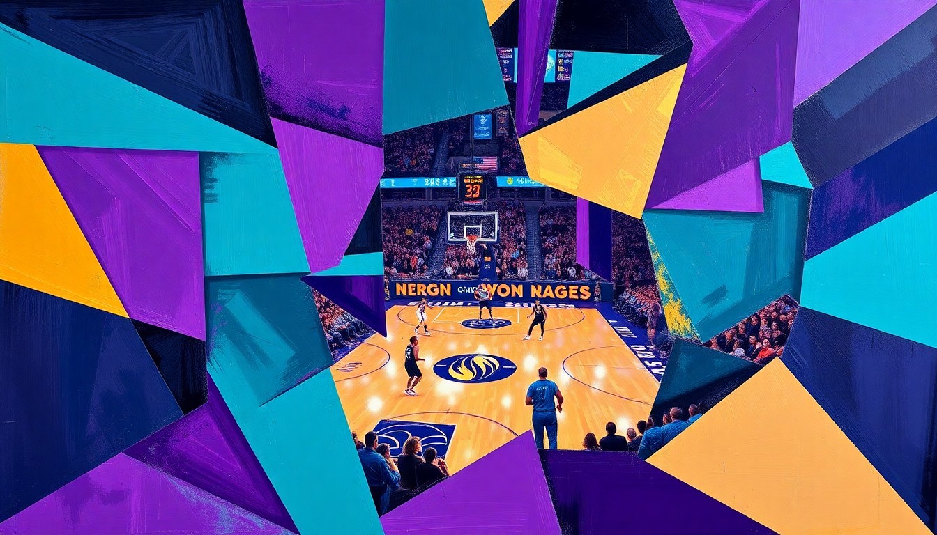 A fragmented, cubist-style painting depicting the motion and energy of a WNBA basketball game, with sharp geometric shapes in deep purple, teal, and gold tones.