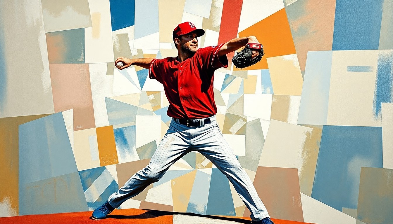 A cubist-style painting depicting a baseball pitcher's motion broken down into sharp, overlapping geometric shapes and planes, conveying the dynamic energy and promise of the young player.