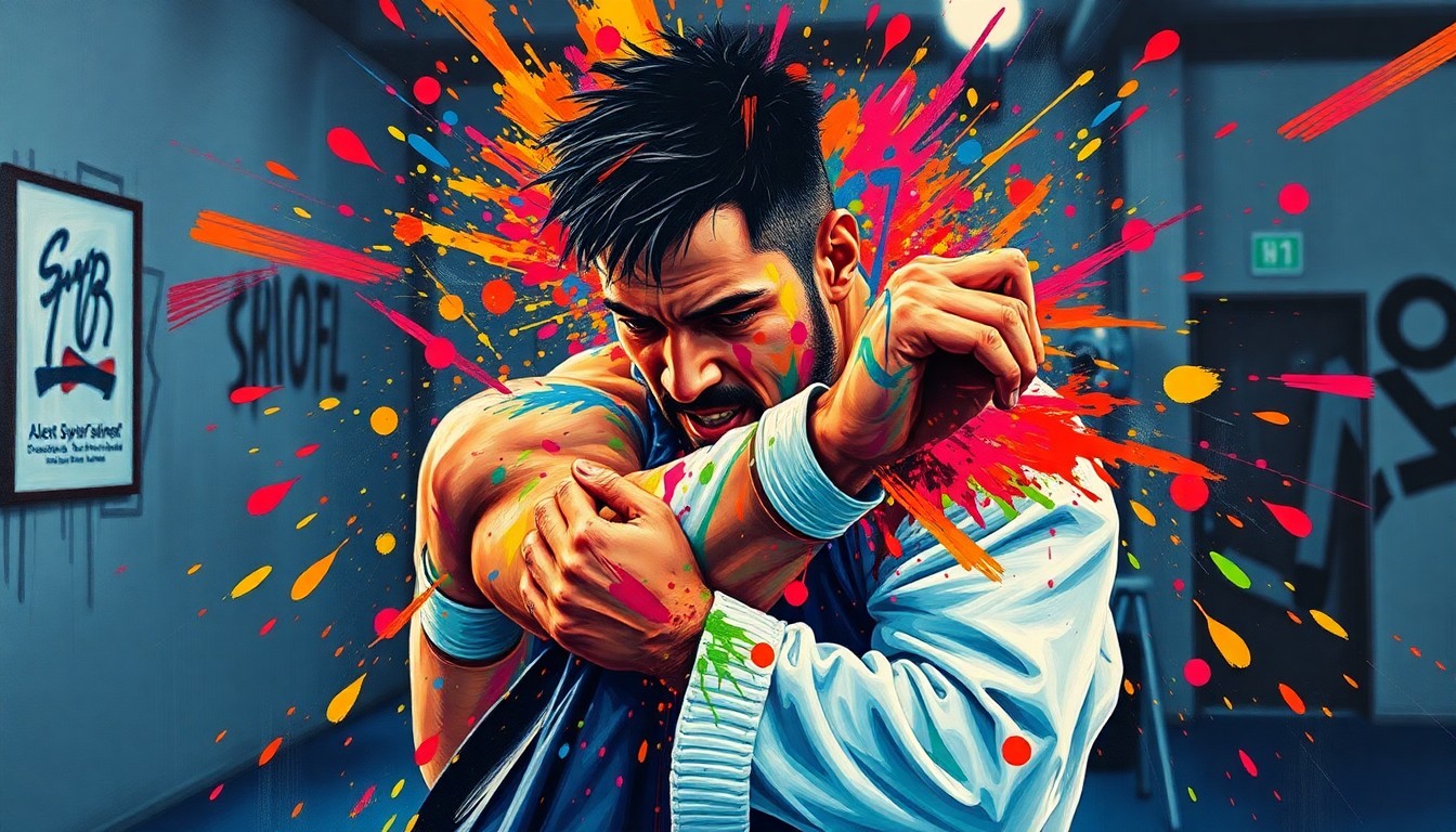 An abstract, expressionist painting featuring rapid, neon-colored brushstrokes that capture the raw athletic energy and movement of a person practicing jiu-jitsu, with their face and body dissolving into unrecognizable splatters of paint, conceptually representing the dynamic impact of UFC fighter Alex Pereira's charitable work.