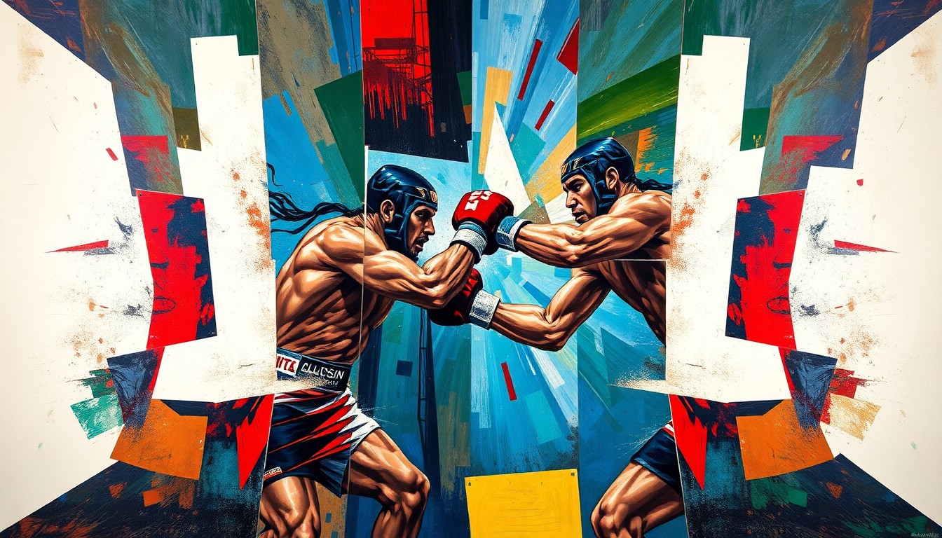 A fractured, cubist-style painting depicting the intense action of a mixed martial arts fight, with the two fighters' movements and strikes broken down into sharp, overlapping geometric shapes and planes in a vibrant color palette.