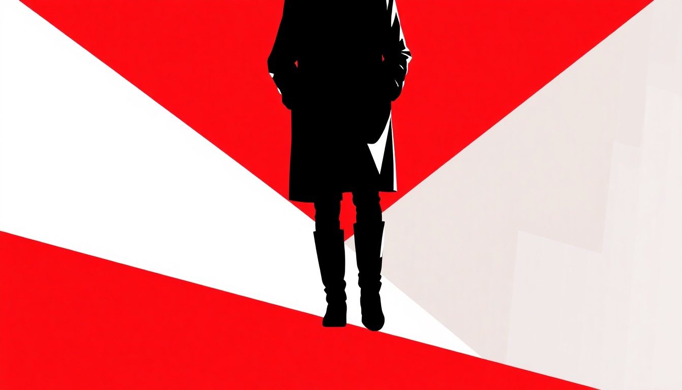 A minimalist, abstract illustration featuring a dramatic black silhouette of a person in a long coat and boots, set against a bold, high-contrast background of solid colors, conceptually representing Rama Duwaji's fashion choices as a political statement.