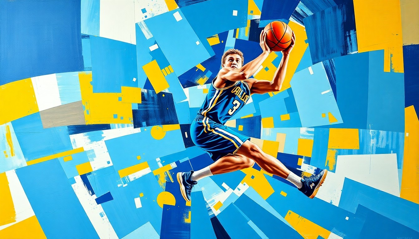 A cubist-style painting depicting a basketball player's movements broken down into overlapping geometric shapes and planes, using vibrant shades of blue and gold.