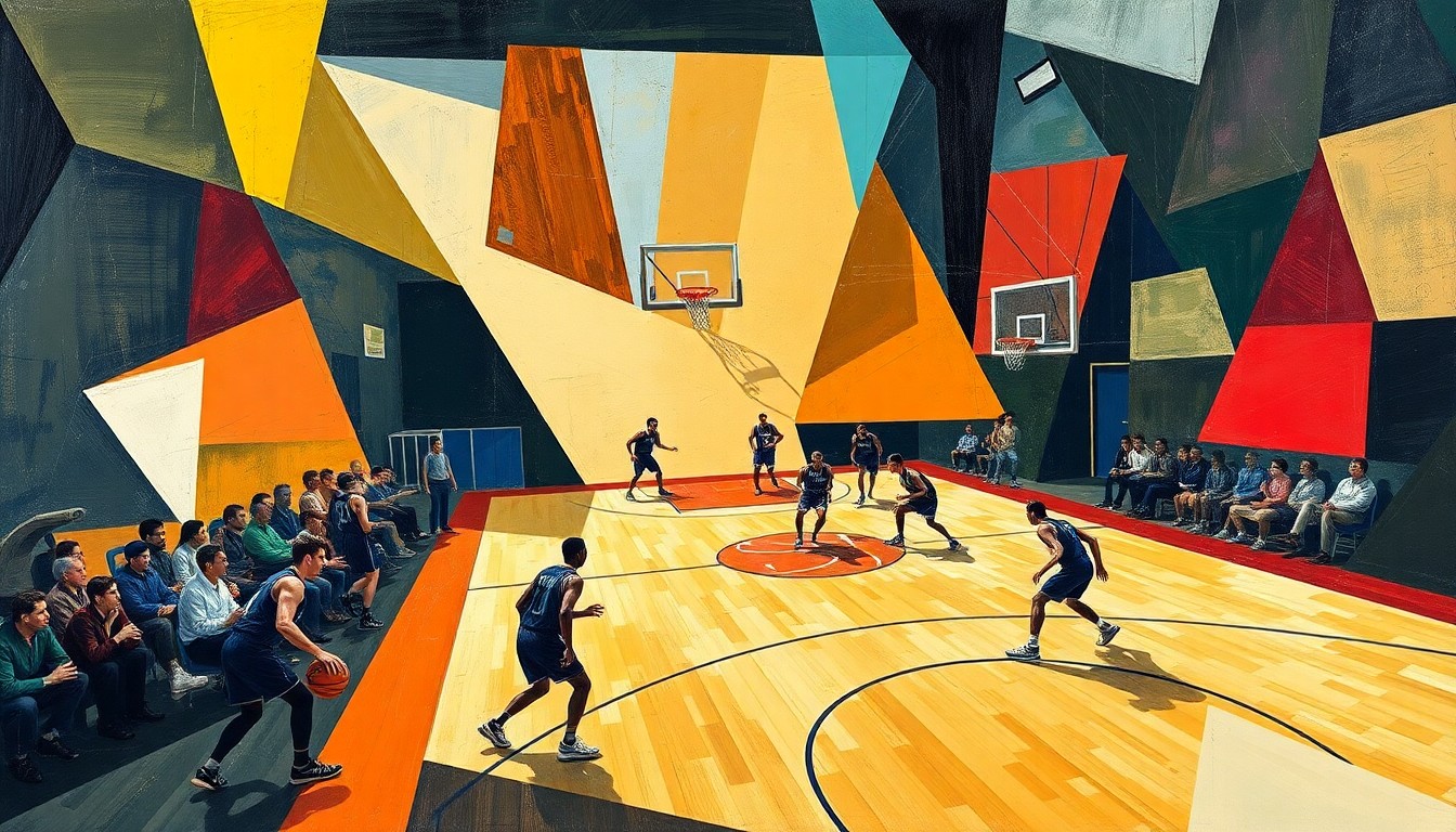 A cubist, geometric painting depicting a basketball game in abstract, overlapping shapes and planes of color, capturing the intensity and energy of the moment.