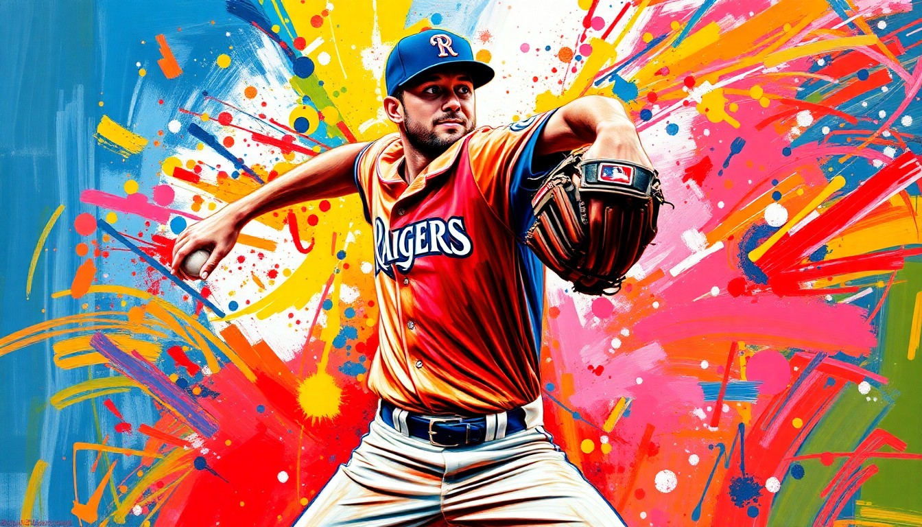 An extreme close-up of Ranger Suarez's pitching motion, captured in a vibrant, expressionist style with rapid brushstrokes and neon colors, conceptually illustrating the raw energy and emotion of his dominant outing against the Cardinals.