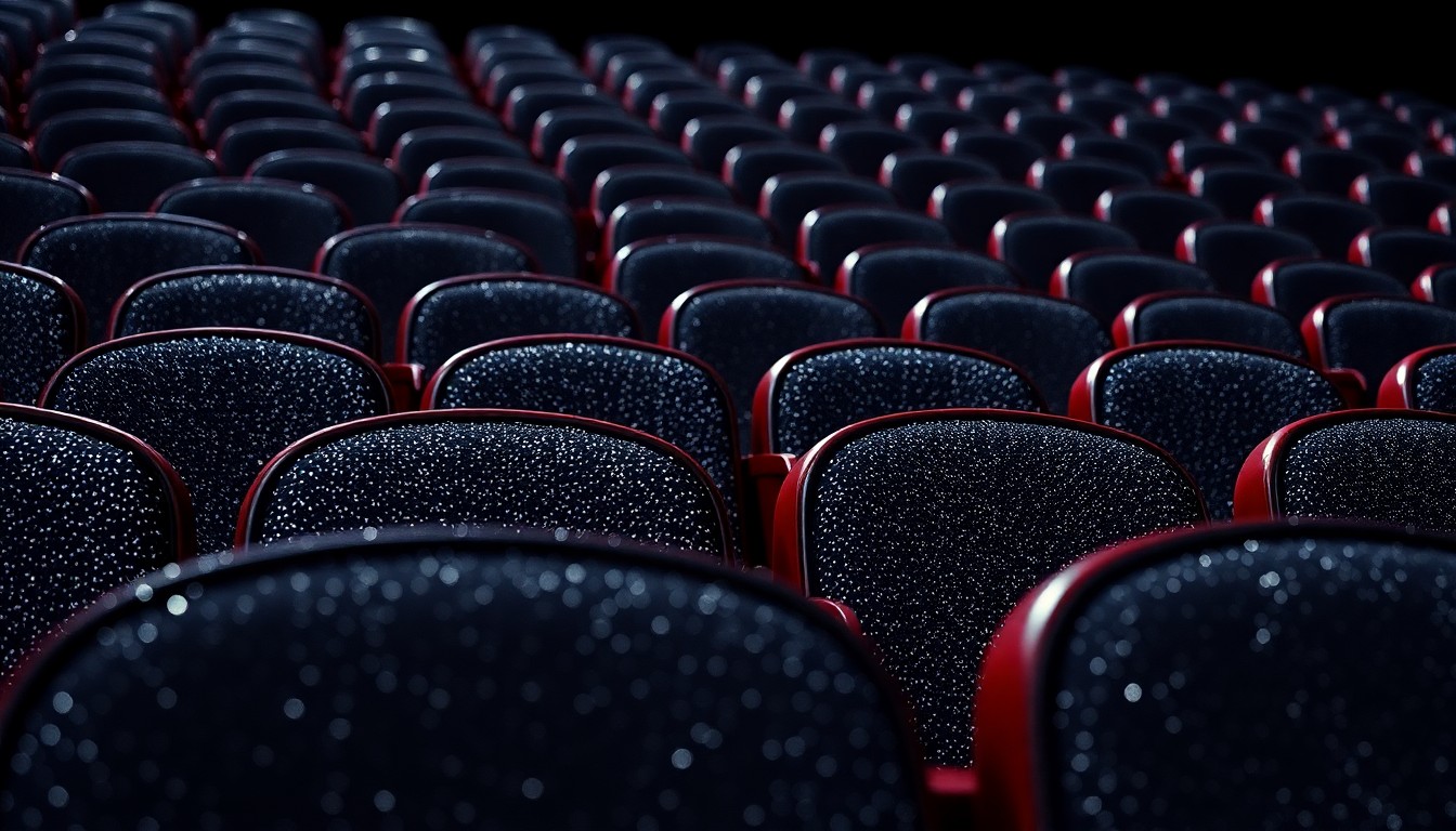 An extreme close-up of plush, glittering movie theater seats under dramatic studio lighting, capturing the luxurious textures and glamour of the cinematic experience.