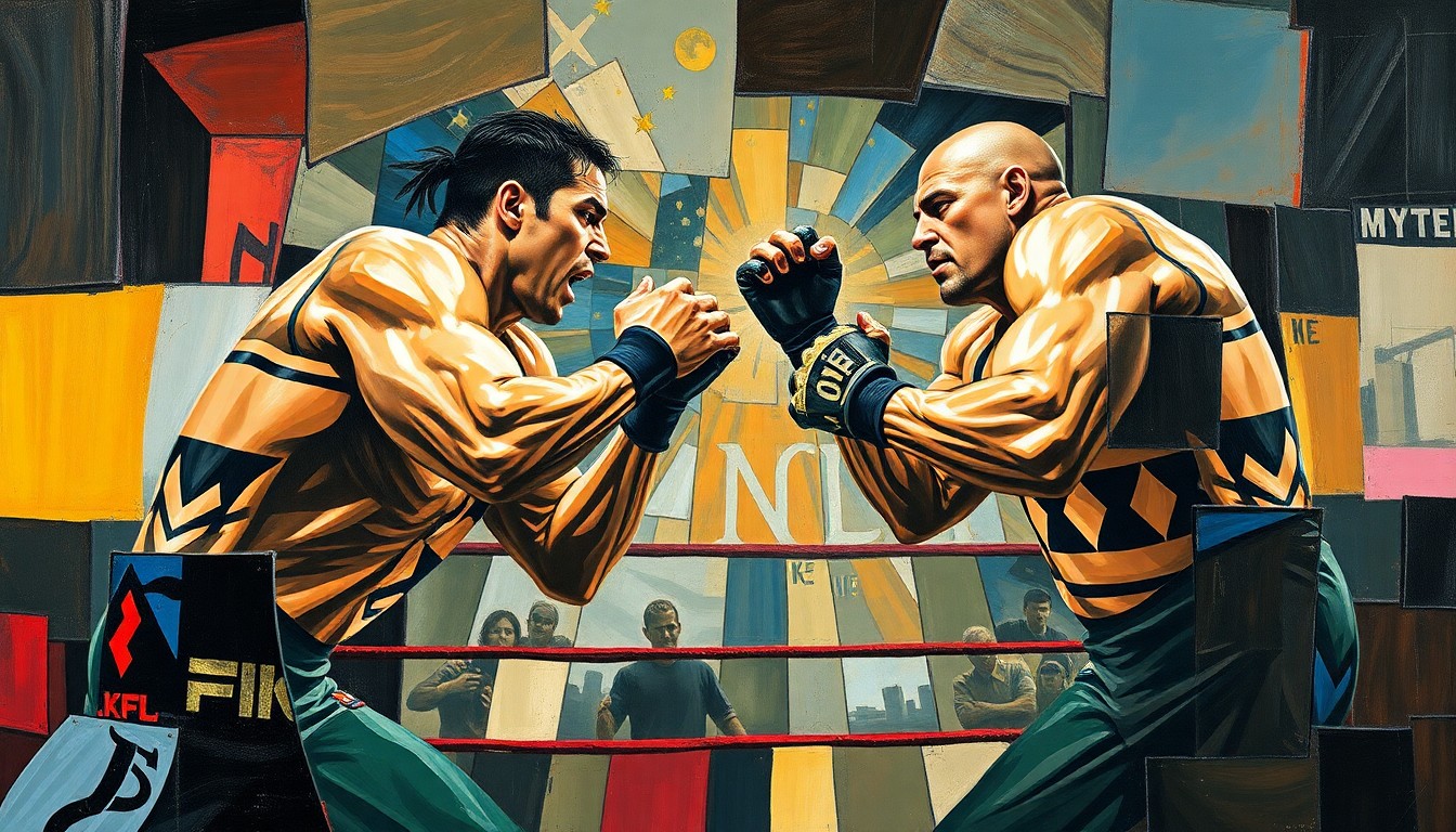 A cubist, geometric painting depicting a confrontation between two professional wrestlers, with sharp, overlapping planes of color and form representing the dynamic and unpredictable nature of the encounter.