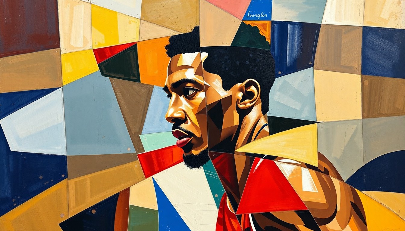 A cubist, geometric painting depicting Jaylen Brown's basketball skills and combat sports ambitions through a fractured, multi-perspective visual style.