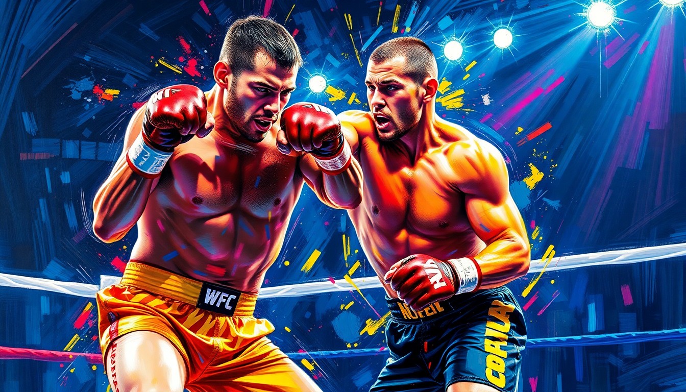 An abstract, energetic painting in neon colors depicting the dynamic movements and raw power of a mixed martial arts fighter in the octagon, conveying the excitement and potential of Gable Steveson's transition from Olympic wrestling to the UFC.