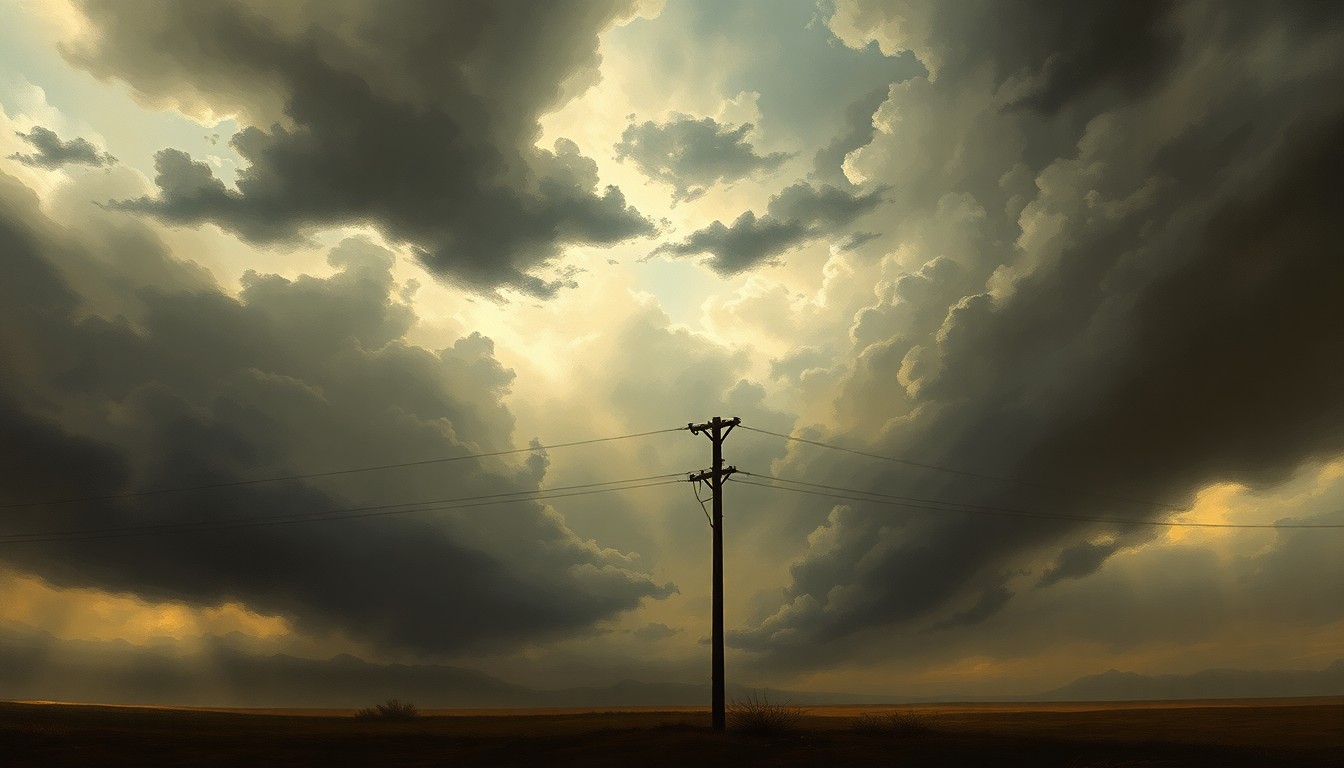 A dramatic landscape painting in muted tones, with a lone utility pole standing in the foreground against a stormy, atmospheric sky, conveying the overwhelming power of nature.