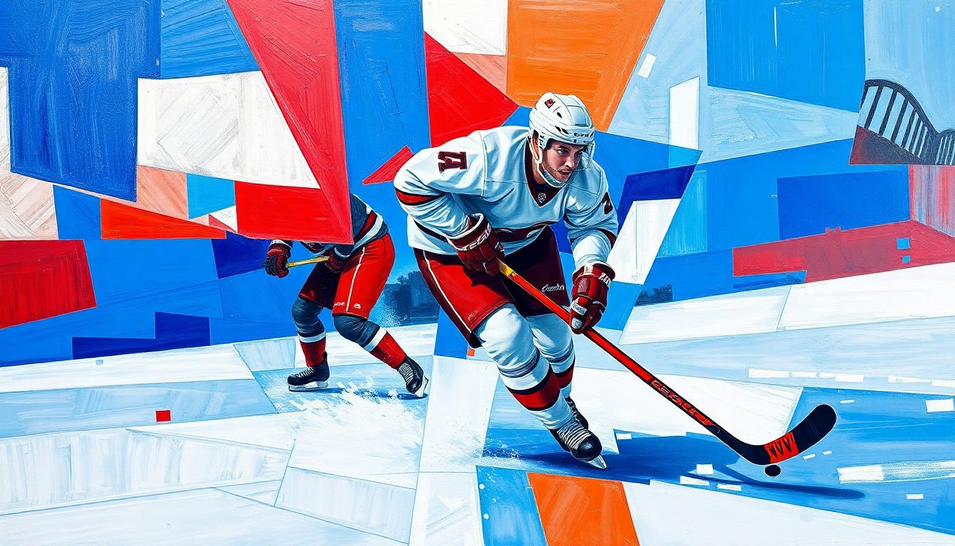 A cubist, geometric painting depicting the fragmented movements of a hockey player on the ice, with sharp planes of color in blue, red, and silver hues.