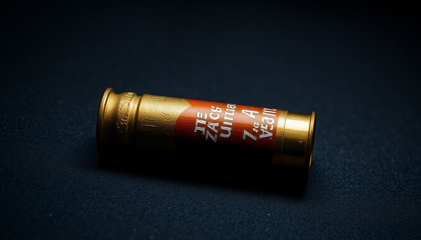 An extreme close-up of a metallic shell casing on a dark, textured surface, the harsh lighting creating dramatic shadows and highlights that convey a sense of the gravity and urgency surrounding this accidental shooting incident.