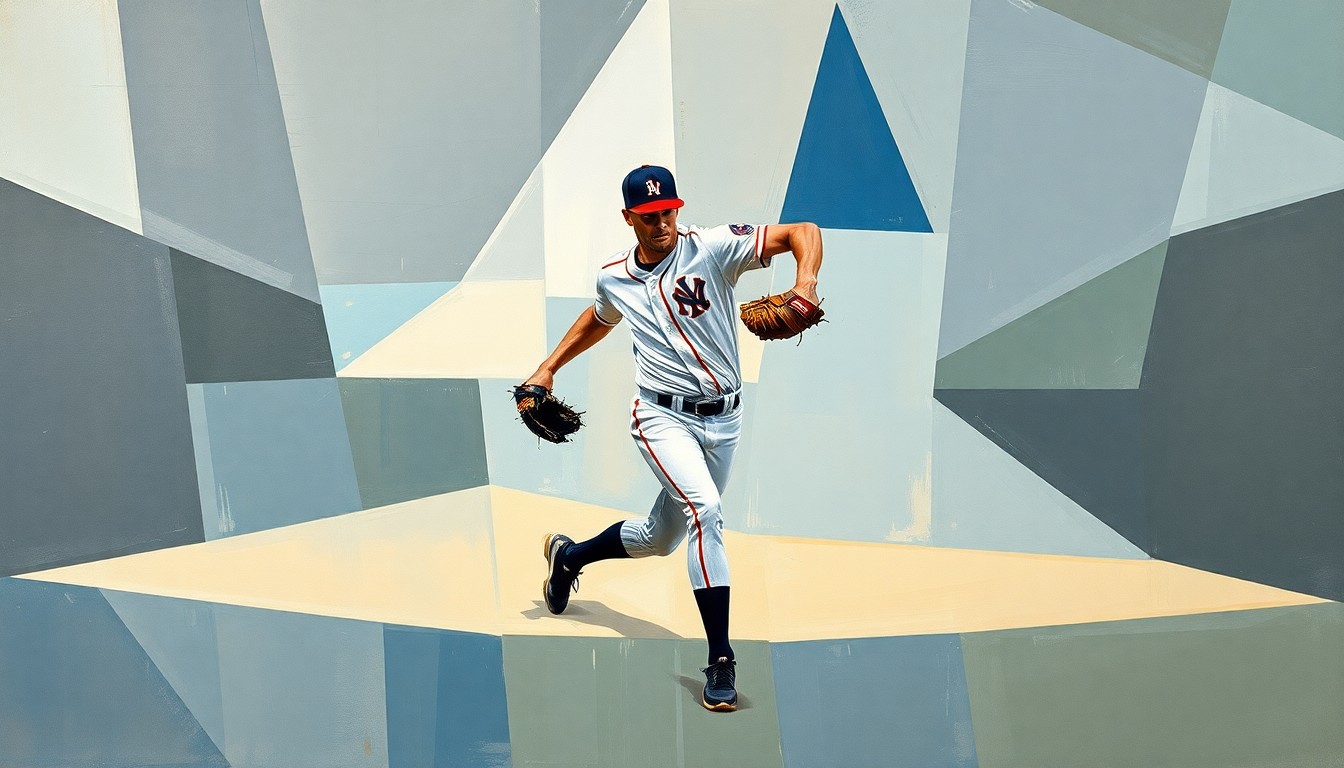A fractured, geometric painting depicting the motion of a baseball pitcher, with sharp planes of color and form representing the challenges and uncertainties of a journeyman's path to the big leagues.