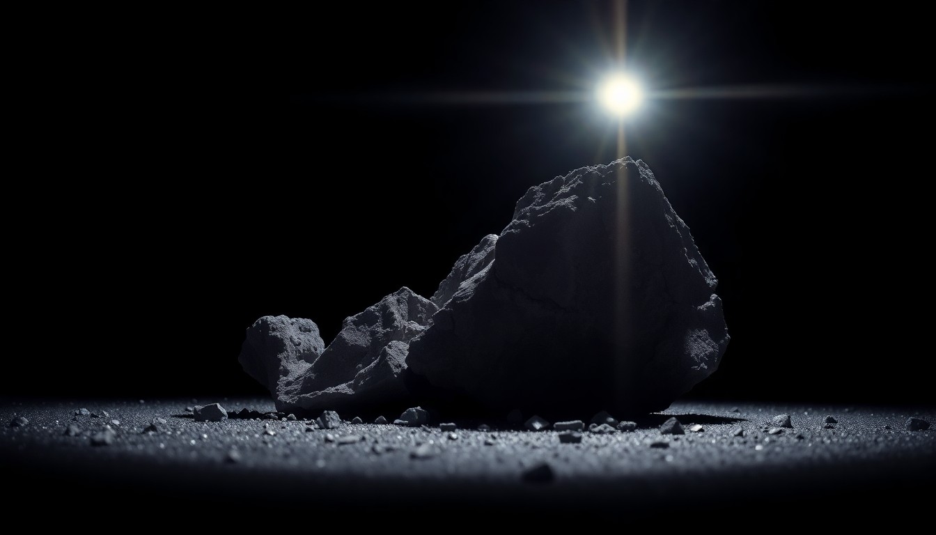 An extreme close-up photograph of a shattered, jagged rock texture, lit by a harsh, direct camera flash against a pitch-black background, conceptually representing the investigation into a fatal cliff fall incident.