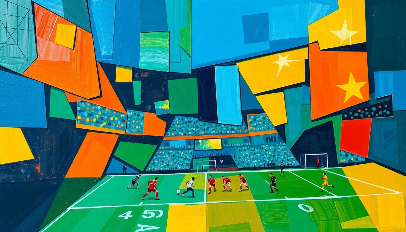 A fractured, geometric painting depicting a football game or match, with sharp planes of color and overlapping shapes that deconstruct the action on the field.