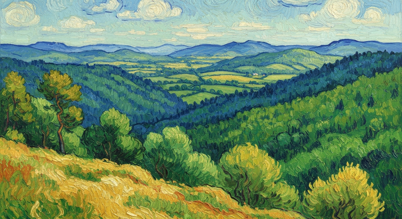 A heavily textured oil painting in the style of Vincent Van Gogh, depicting a sweeping vista of rolling hills, forests, and a scenic overlook in the Johnson City, Tennessee region. The vibrant colors and expressive brushstrokes capture the natural beauty and adventurous spirit of the area.