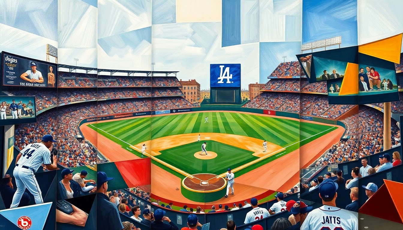 A cubist, geometric painting depicting a Dodgers baseball game, with players and the field broken down into abstract shapes and forms in a vibrant color palette.