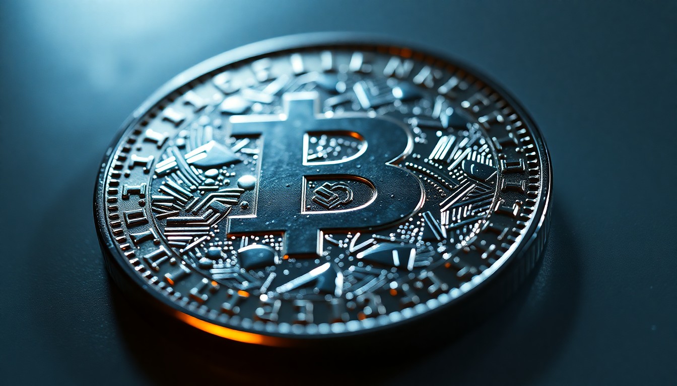 An extreme close-up photograph of a shiny, faceted coin reflecting dramatic studio lighting, highlighting the intricate textures and metallic qualities of the currency.