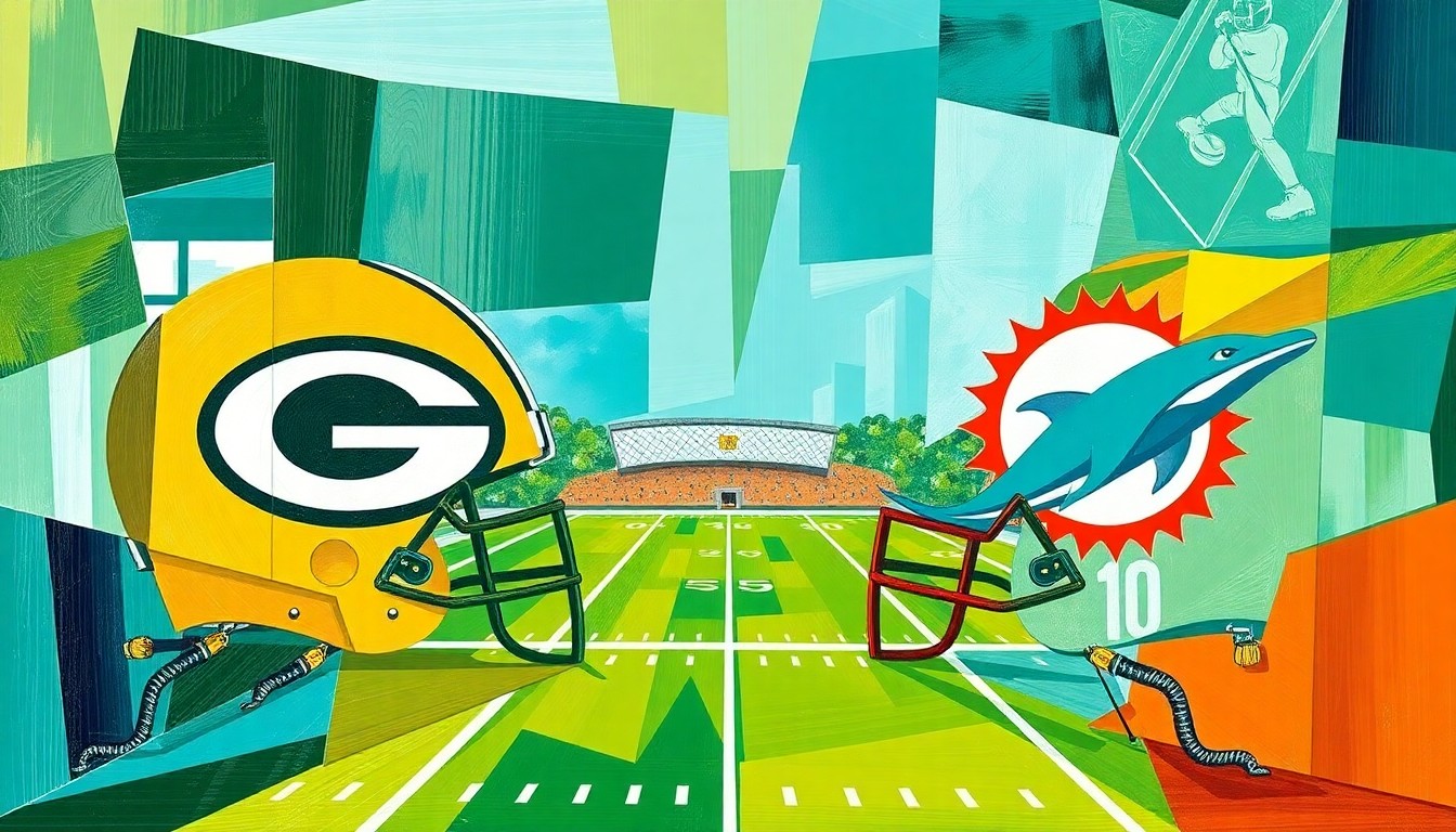 A fractured, geometric painting depicting a football game or match, with sharp, overlapping planes of green, gold, teal, and orange, conceptually representing the intricate roster decisions and player development strategies surrounding a potential trade involving a backup tight end.