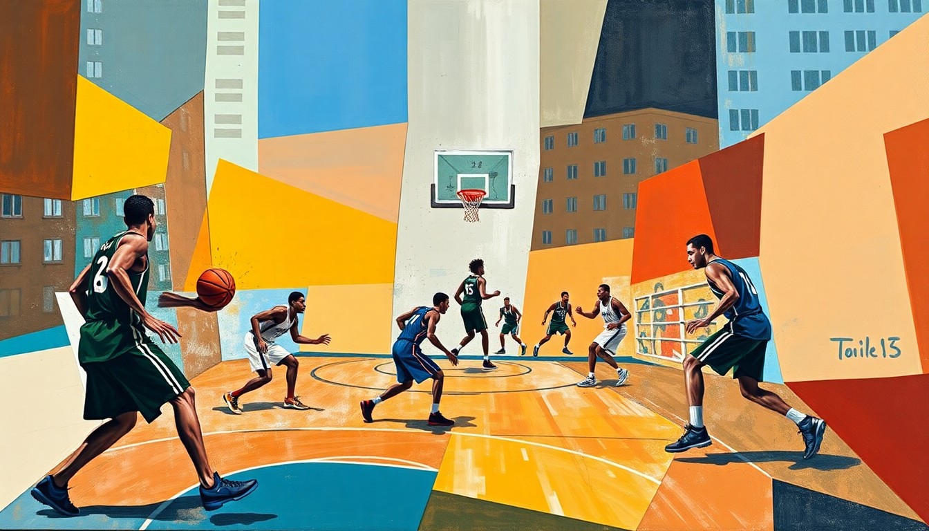 A fragmented, cubist-style painting depicting a basketball game, with the players, court, and ball broken down into overlapping geometric shapes and planes of vibrant colors, creating a sense of motion and energy.