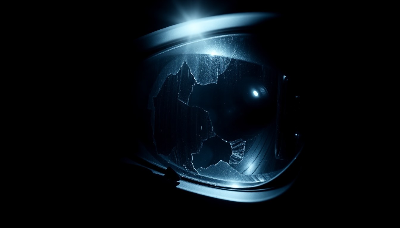 An extreme close-up photograph of a damaged car side mirror, lit by a harsh, direct camera flash against a pitch-black background, creating a stark, gritty, investigative aesthetic.
