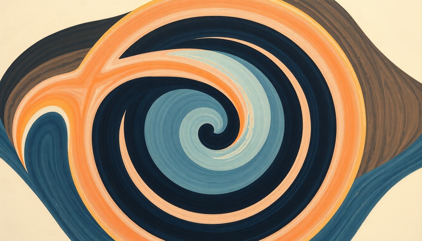 A highly textured, abstract painting in soft blues, greens, and grays, featuring sweeping geometric shapes and intersecting waveforms, conceptually representing the complex forces and challenges of marine life and conservation.