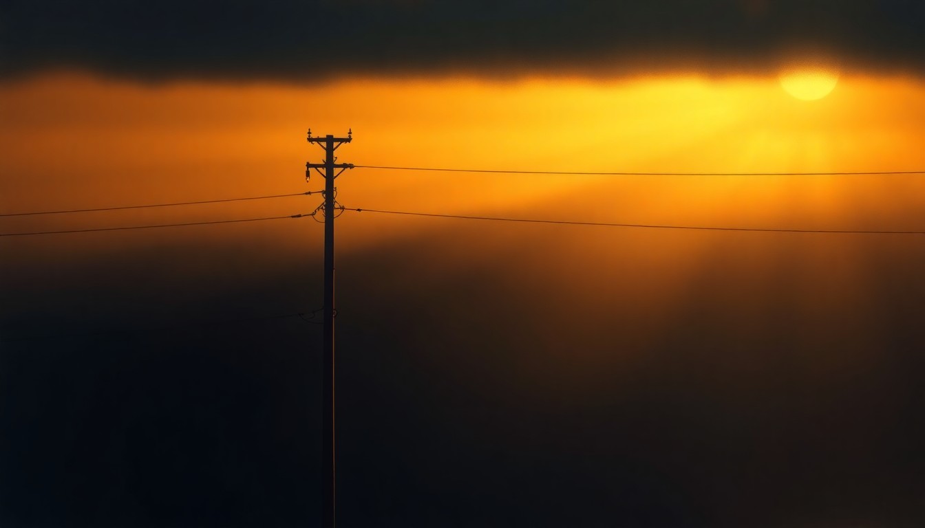 A serene, photorealistic painting of a lone utility pole or power line tower standing tall against a backdrop of warm, golden sunlight and deep, dramatic shadows, capturing the quiet, contemplative mood of the governor's bold move to address the state's affordability crisis.