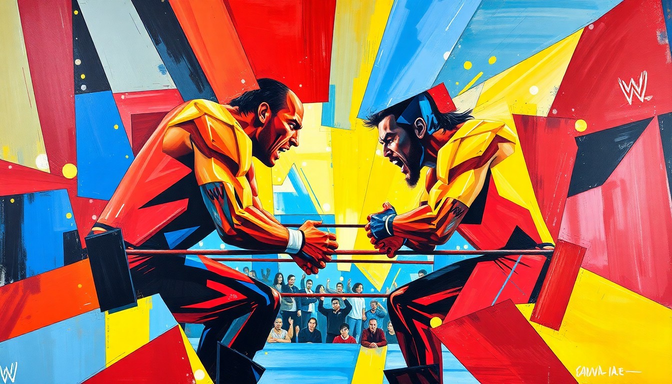 A cubist, geometric painting depicting a WWE wrestling match, with sharp planes of color and overlapping perspectives conveying the intensity of the action.