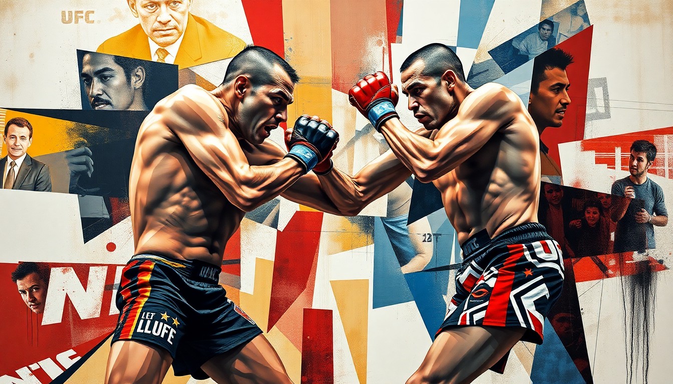 A cubist-style painting that deconstructs the UFC 327 main event fight between Carlos Ulberg and Jiri Prochazka, capturing the raw energy and tension of the bout through sharp, overlapping geometric shapes and planes.