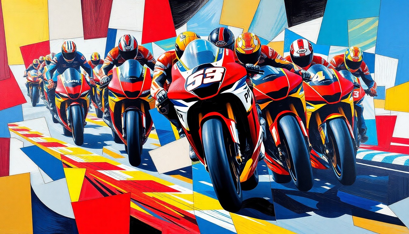 A fractured, multi-perspective painting in vibrant colors of red, blue, and yellow, breaking down a MotoGP race into sharp, overlapping geometric planes to capture the speed and energy of the sport.
