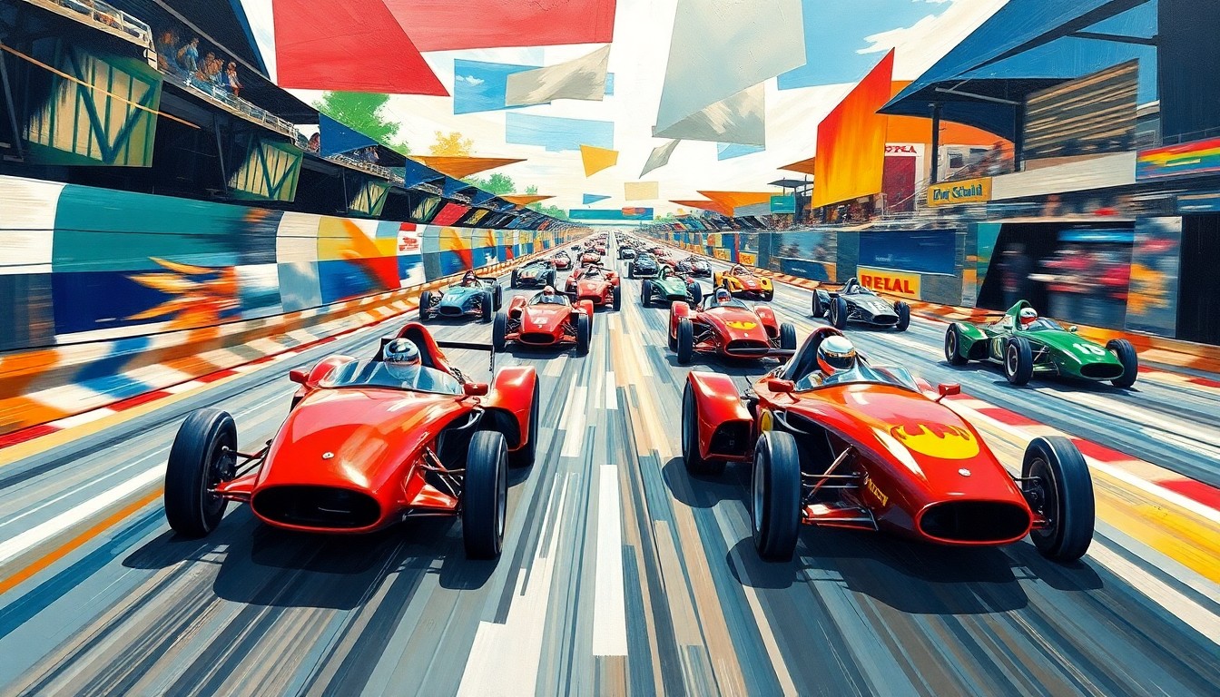A heavily fragmented, cubist-style painting depicting the chaotic motion and energy of a high-speed auto race, with the cars and drivers reduced to abstract geometric shapes and planes of color.
