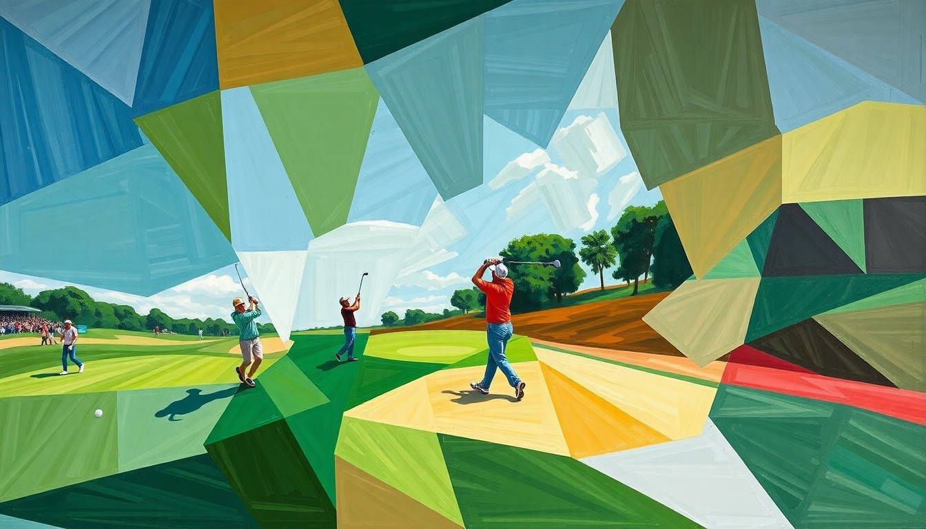 A fractured, cubist-style painting depicting a golf tournament or match, with the players and their movements broken down into sharp, overlapping geometric shapes in shades of green, blue, and brown, conveying the evolving dynamics between the PGA Tour and LIV Golf.