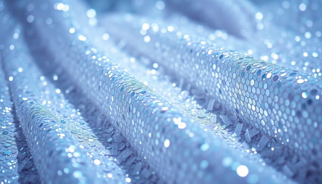 An extreme close-up of a luxurious, glittering fabric texture in high-contrast studio lighting, conceptually representing the glamour and high-stakes nature of the K-pop industry.