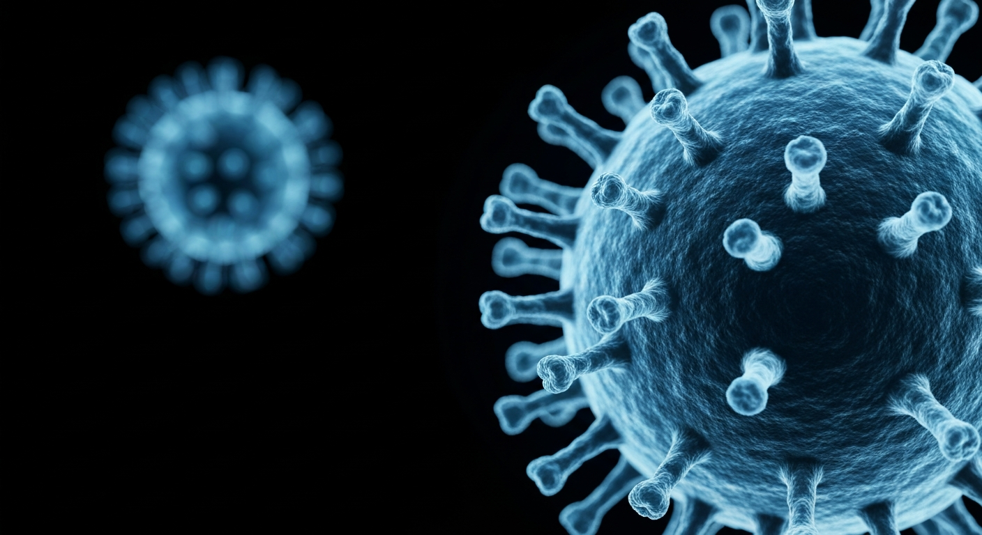 A ghostly, translucent X-ray photograph revealing the intricate internal structure of a measles virus particle, glowing with an eerie, electric blue light against a dark background, conceptually illustrating the need for vigilance and proactive measures to stop the spread of this disease.