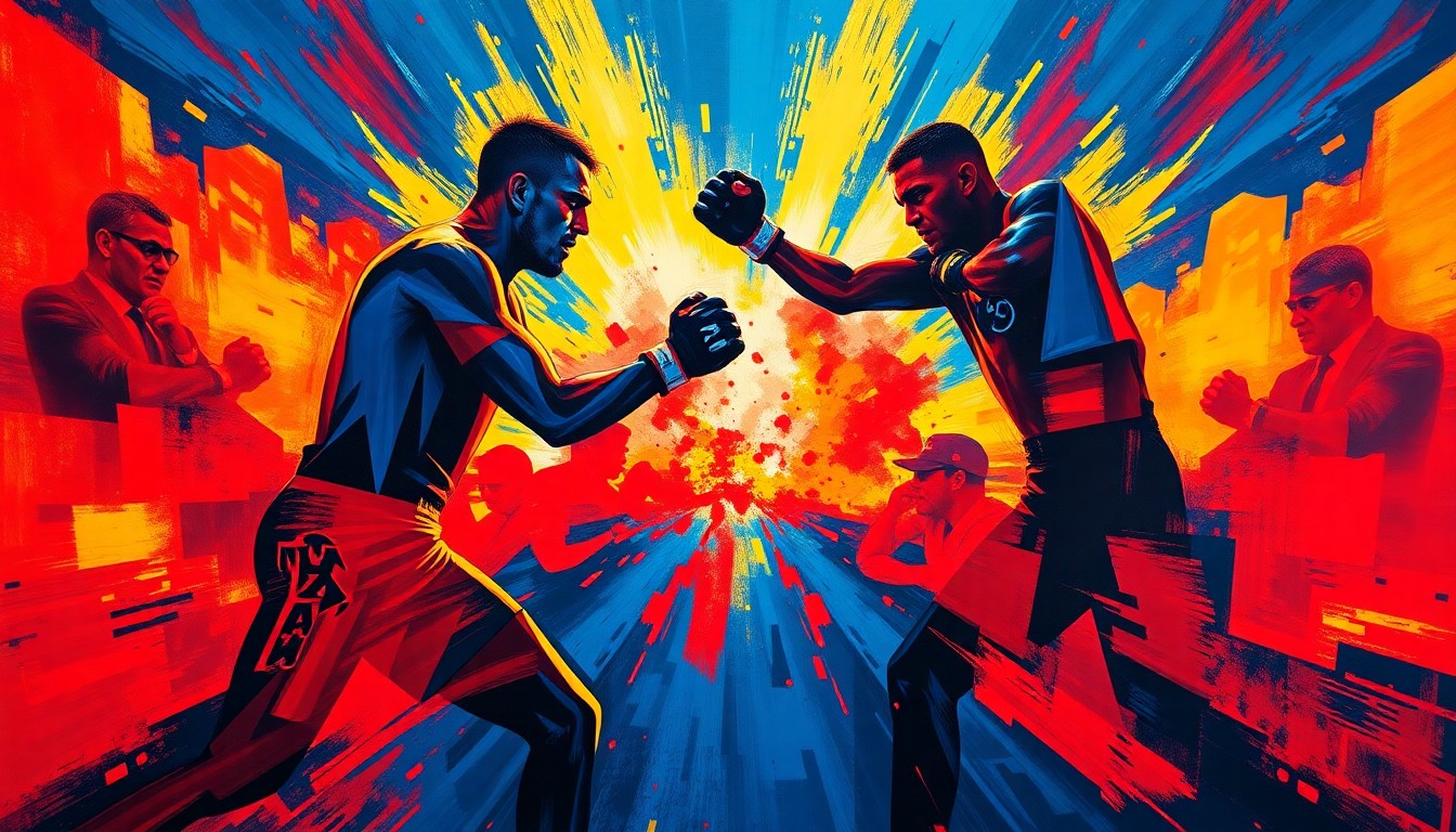 A dynamic, abstract painting depicting the silhouettes of two MMA fighters in mid-combat, their movements fractured and repeated in overlapping, geometric waves of vibrant red, blue, and yellow colors, capturing the high-energy and political tension of the event.