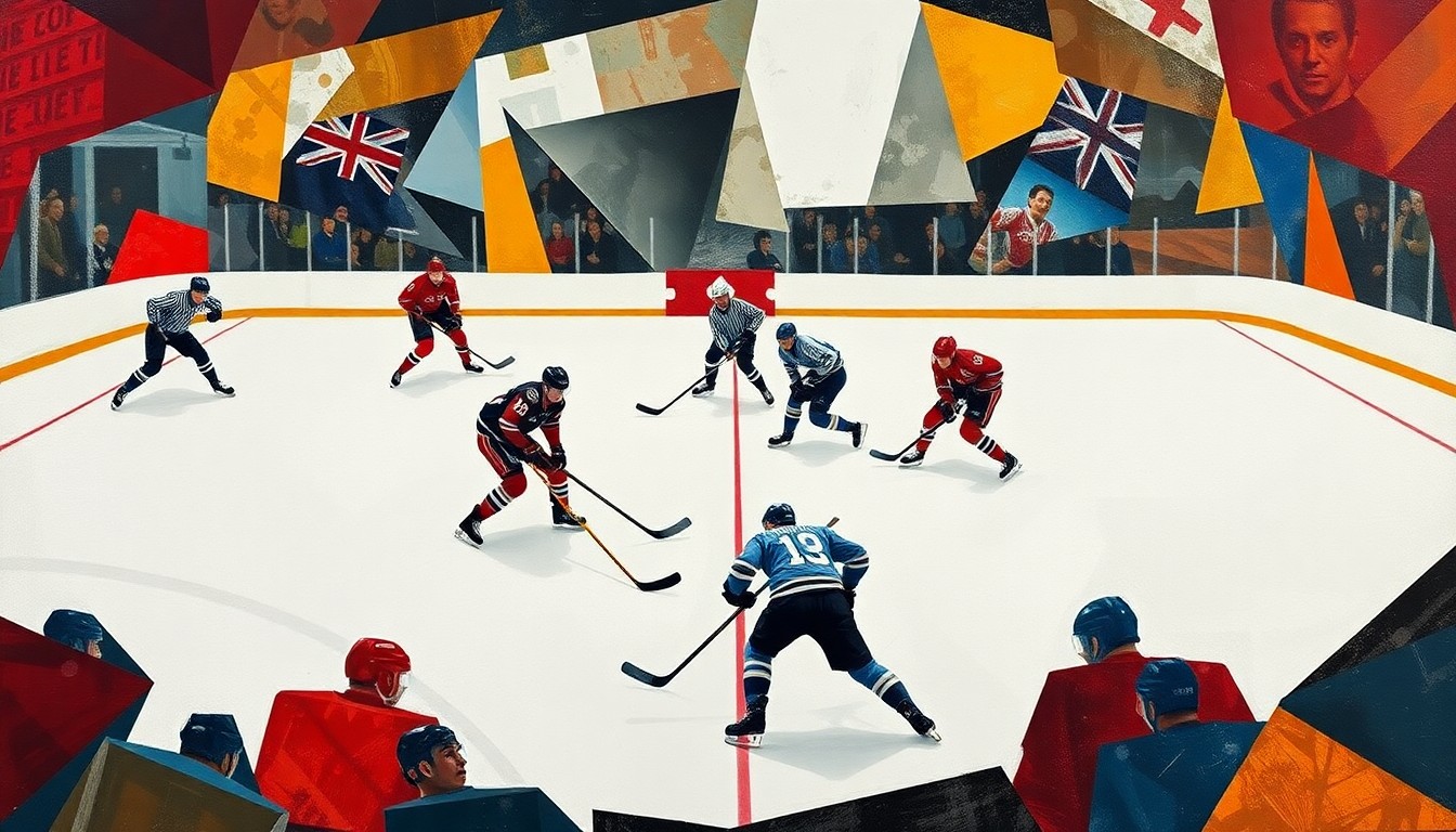A cubist-style painting depicting a hockey game broken down into sharp, overlapping geometric shapes and planes of color, representing the complex interplay of Olympic injuries and their influence on NHL draft strategies.